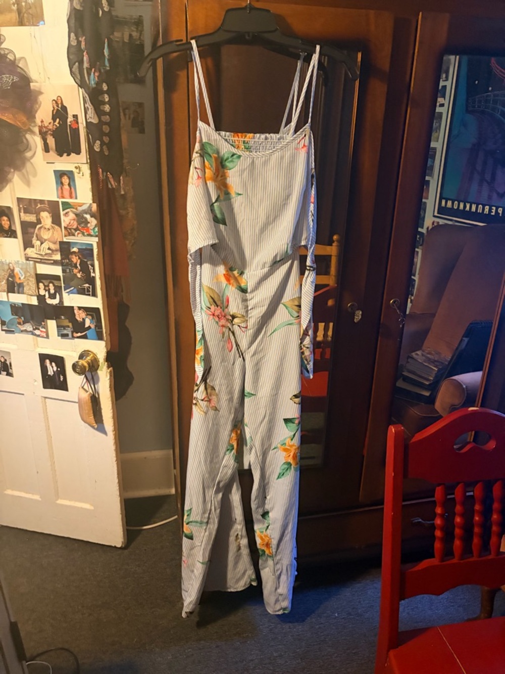 Striped Floral Spaghetti-Strap Jumpsuit - Blue & White